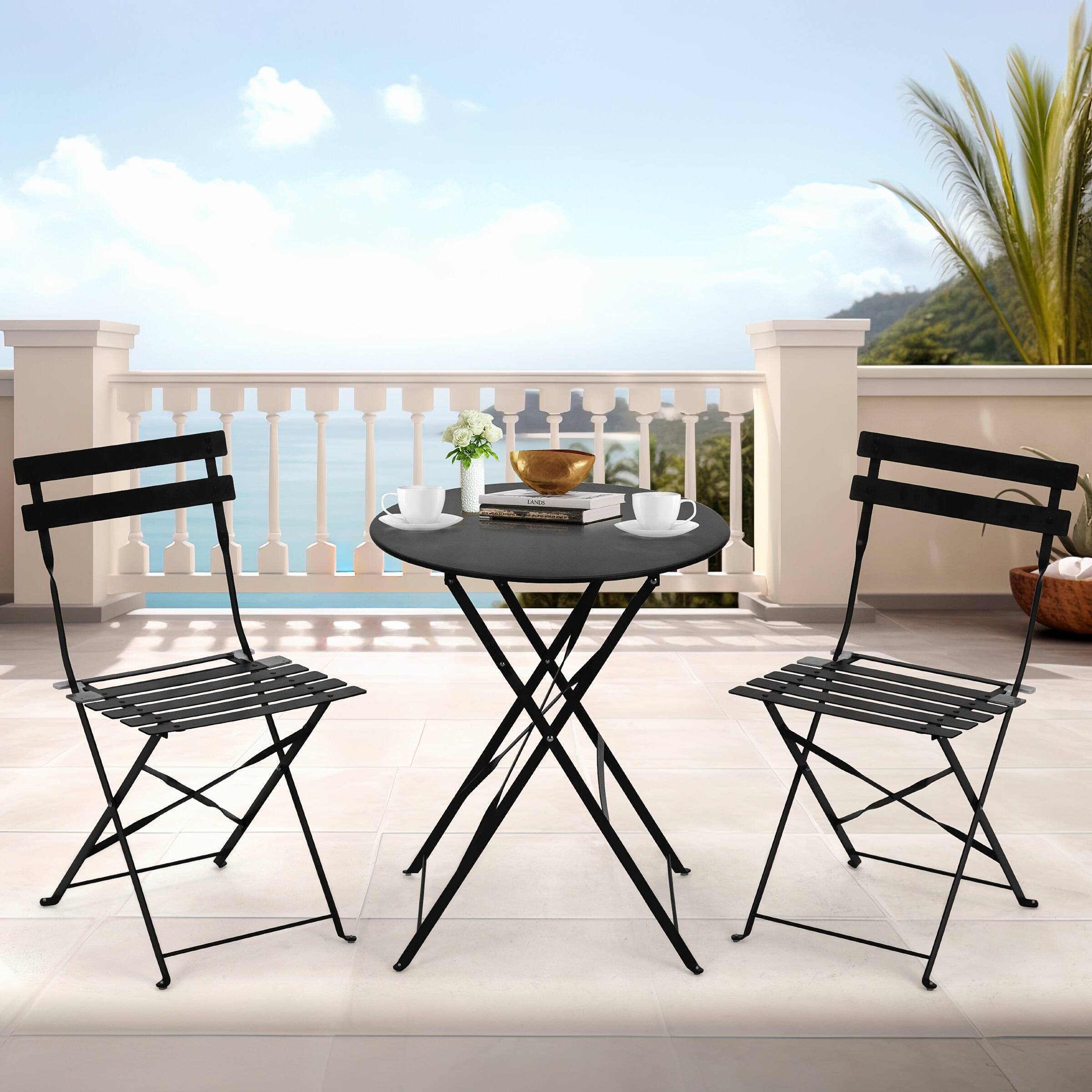 Alt View 5. U-HOMY - Foldable 3-Piece Outdoor Bistro Set – Rust-Resistant Patio Table and Chairs, Lightweight for Balcony Use - Black.