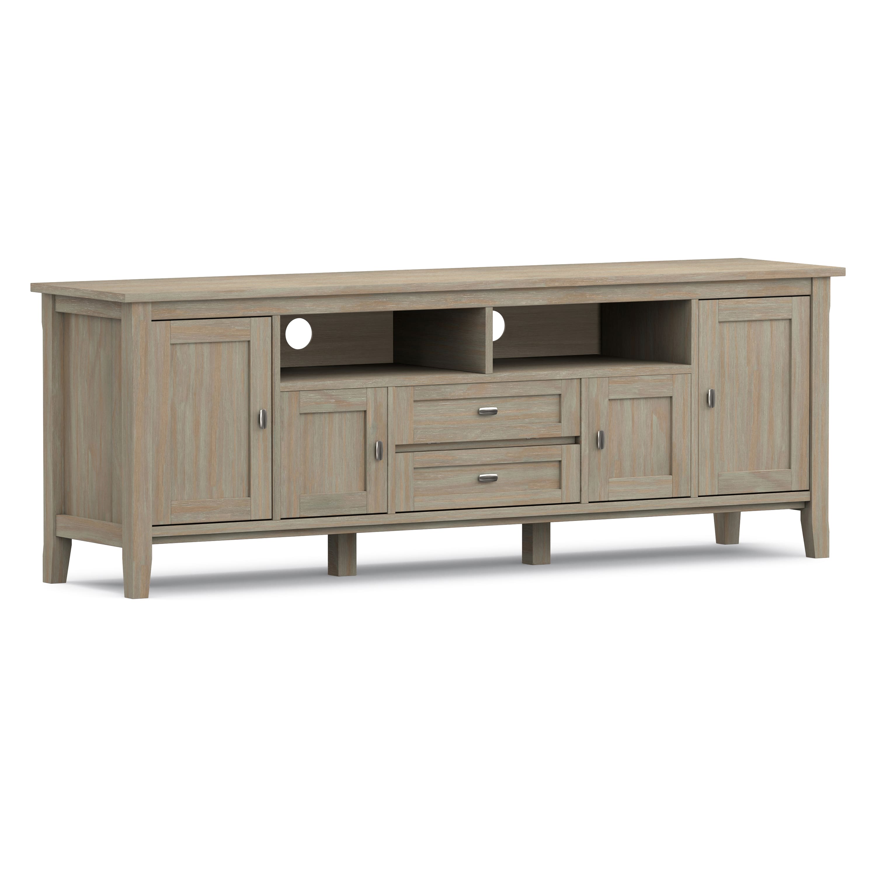 Front. Simpli Home - Warm Shaker 72W Low TV Stand with Drawers, Doors and Cubbies - Distressed Gray.