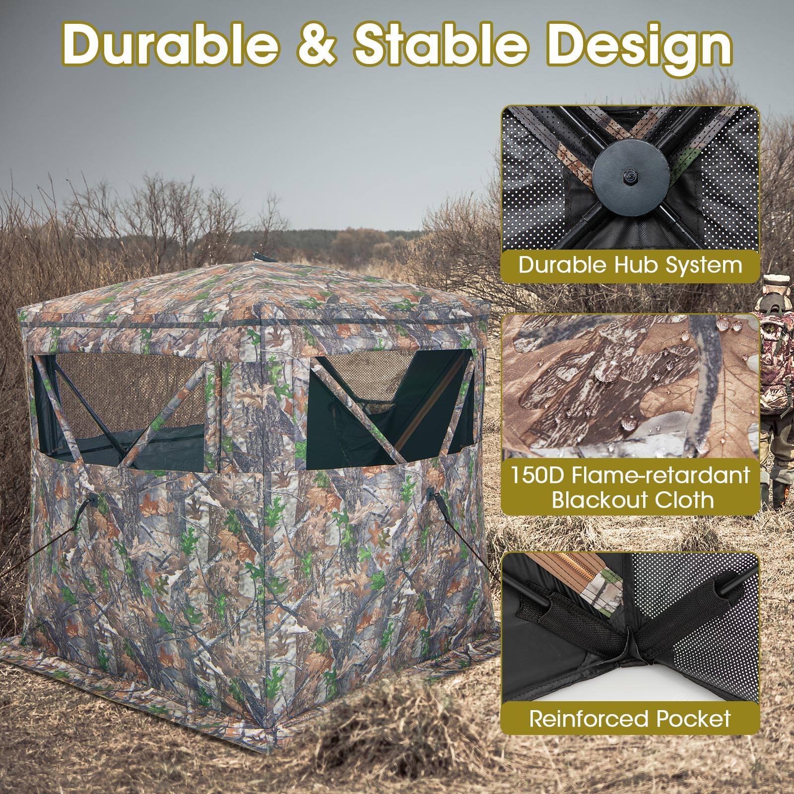 Durable & Stable Design

- Durable Hub System
- 150D Flame-retardant Blackout Cloth
- Reinforced Pocket