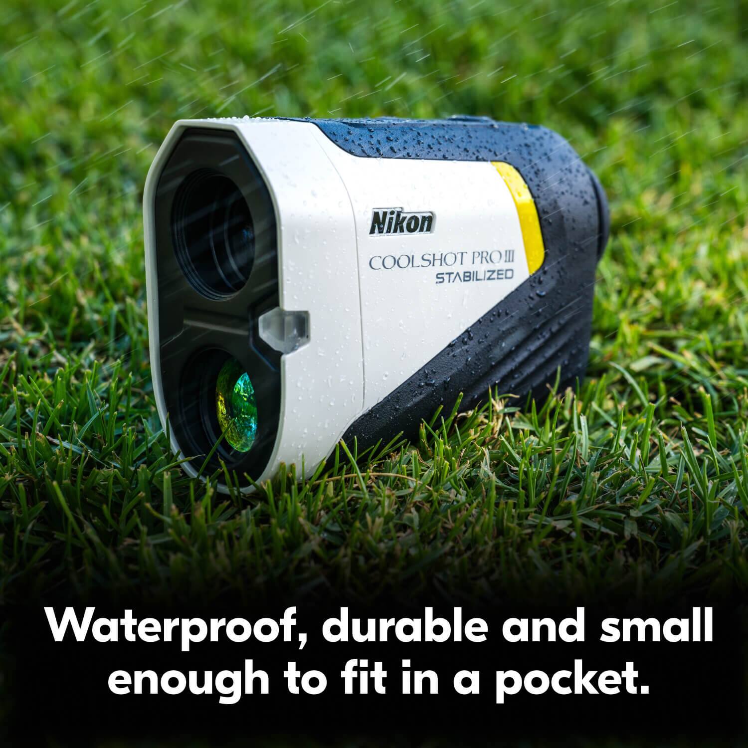 Nikon COOLSHOT PRO III STABILIZED  
Waterproof, durable and small enough to fit in a pocket.