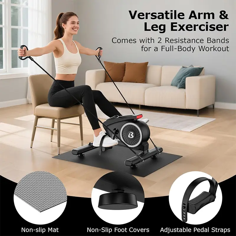Versatile Arm & Leg Exerciser  
Comes with 2 Resistance Bands for a Full-Body Workout  

- Non-slip Mat  
- Non-Slip Foot Covers  
- Adjustable Pedal Straps