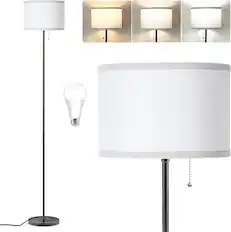 Front. Nordic Hygge - Modern 3-Way LED Floor Lamp with Pull Chain and White Lampshade.