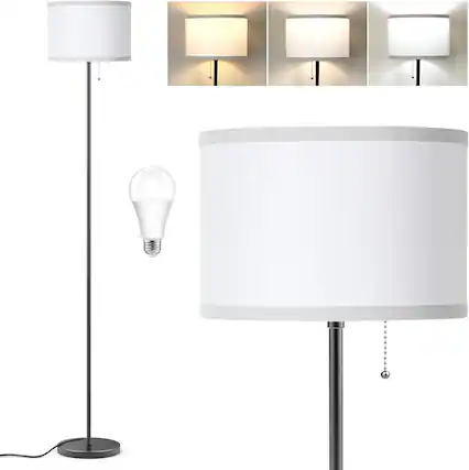 Front. Nordic Hygge - Modern 3-Way LED Floor Lamp with Pull Chain and White Lampshade.