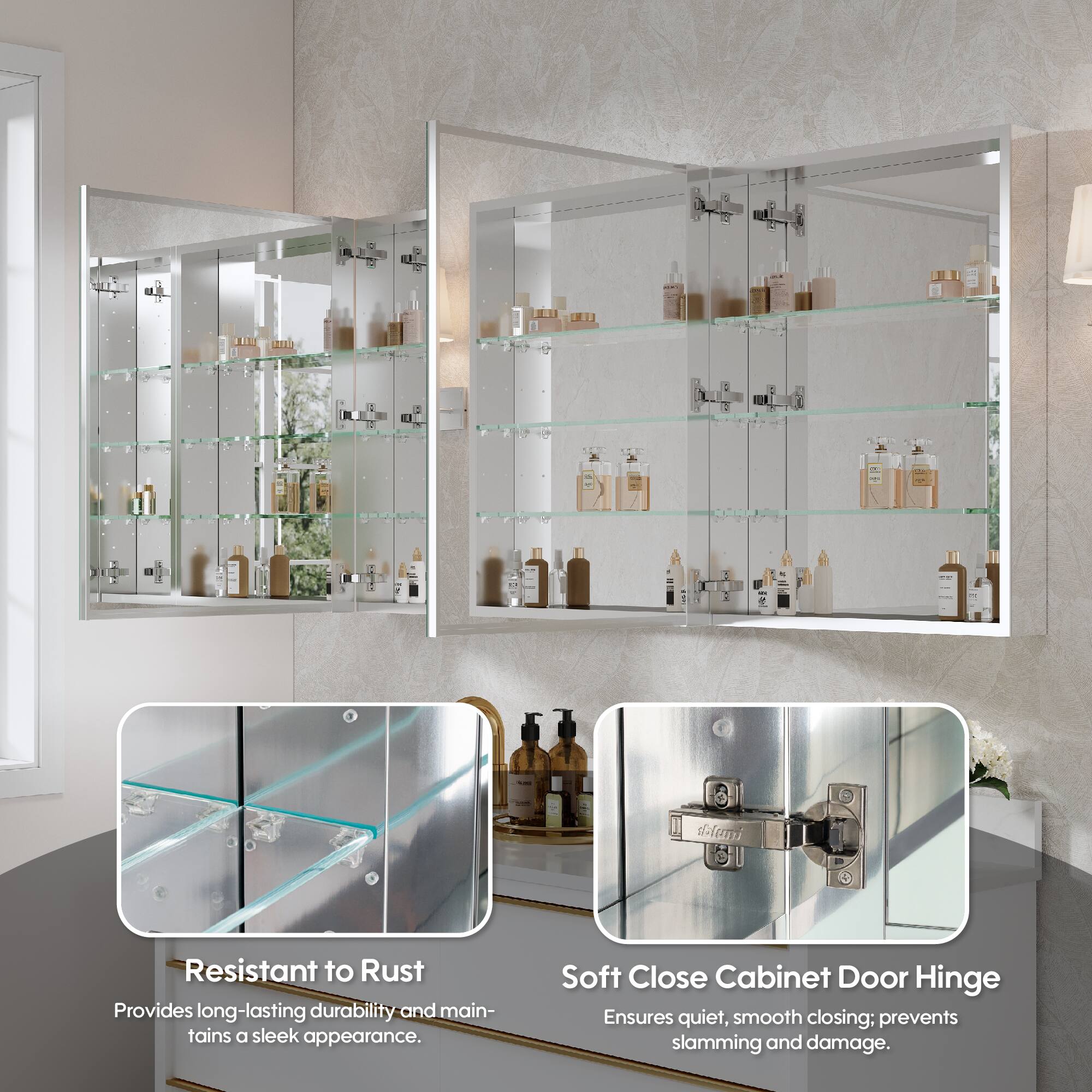 Resistant to Rust  
Provides long-lasting durability and maintains a sleek appearance.  

Soft Close Cabinet Door Hinge  
Ensures quiet, smooth closing; prevents slamming and damage.