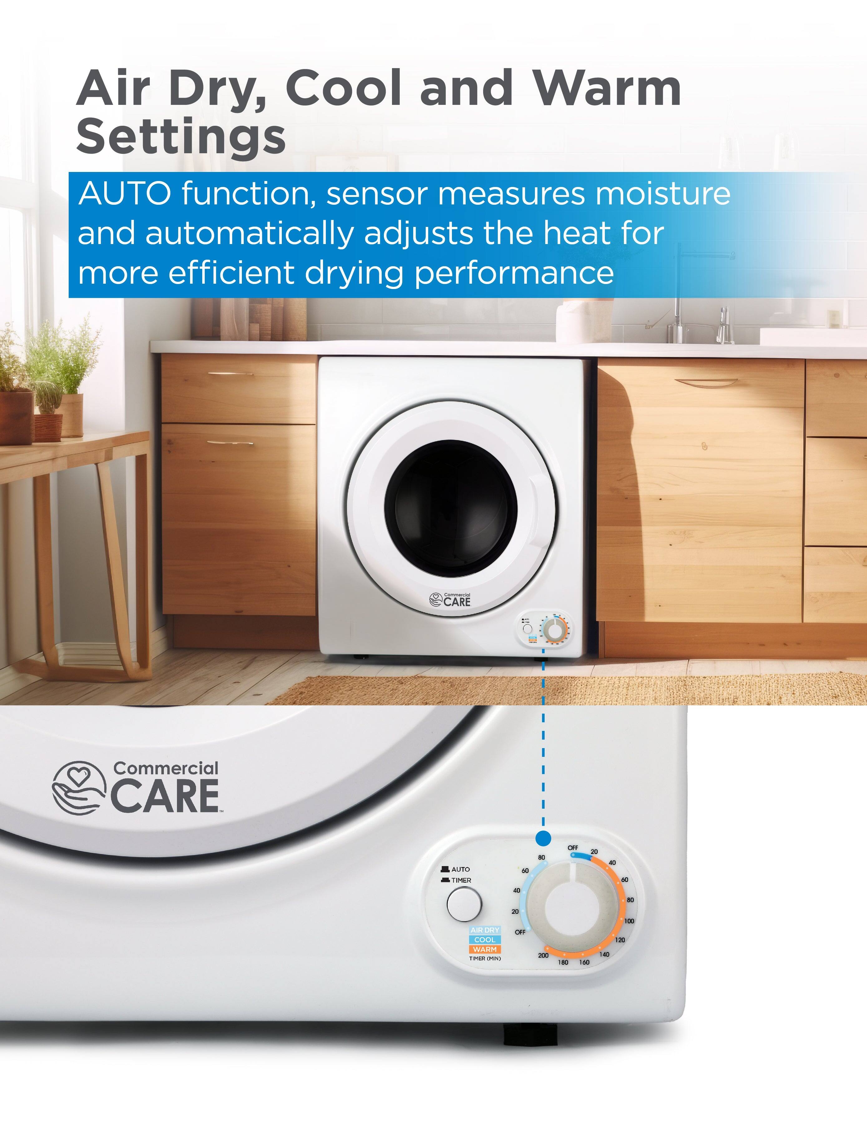 Air Dry, Cool and Warm Settings AUTO function, sensor measures moisture and automatically adjusts the heat for more efficient drying performance - CARE  Ou Commercial CARE AUTO TER - - - d - - AD CIT COA WART C - 2  :  -  -