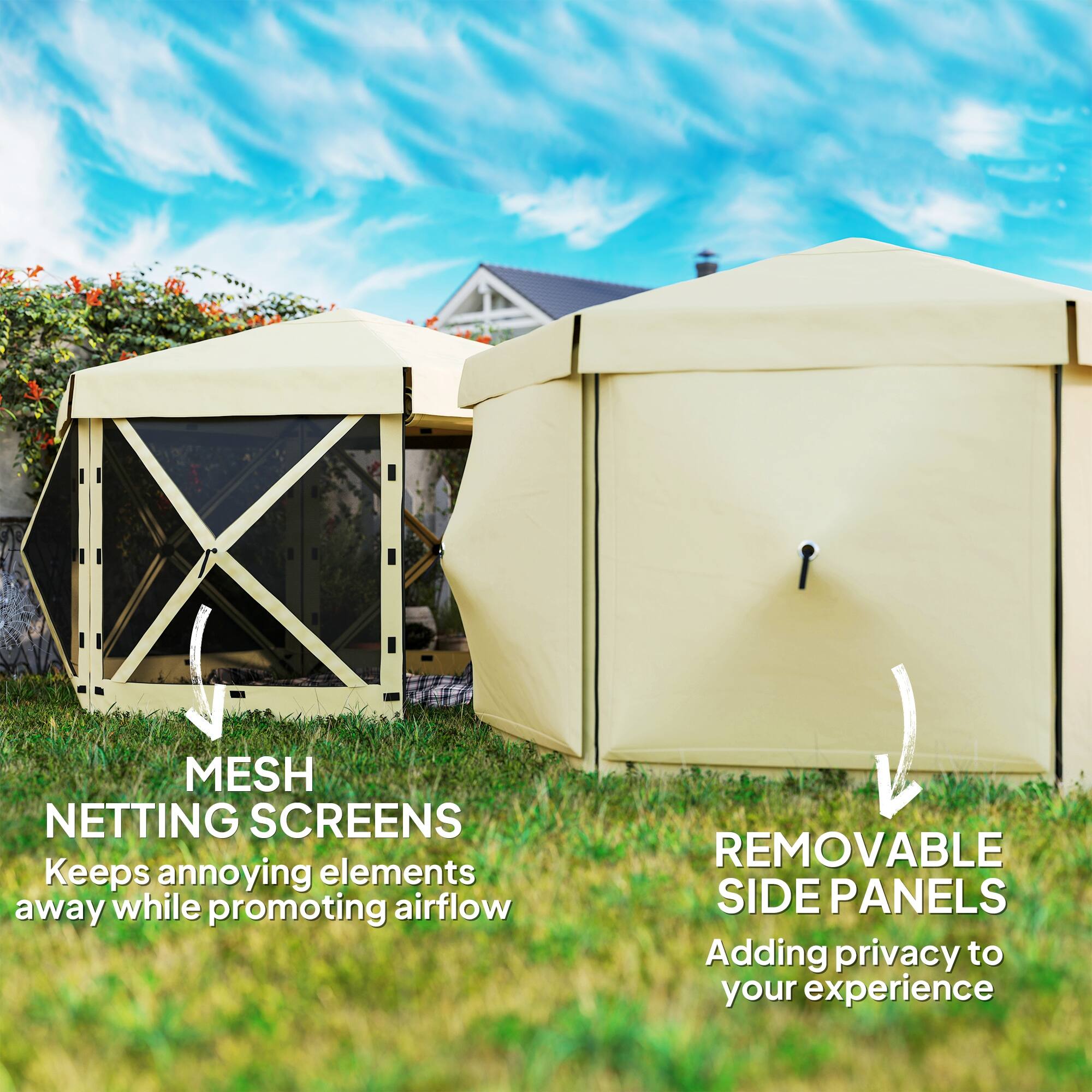 MESH NETTING SCREENS  
Keeps annoying elements away while promoting airflow  

REMOVABLE SIDE PANELS  
Adding privacy to your experience