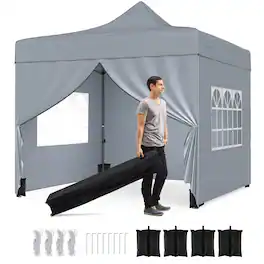 Costway - 10 x 10 FT Pop up Canopy Tent with 4 Removable Sidewalls, Wheeled Bag, Sandbags - Gray