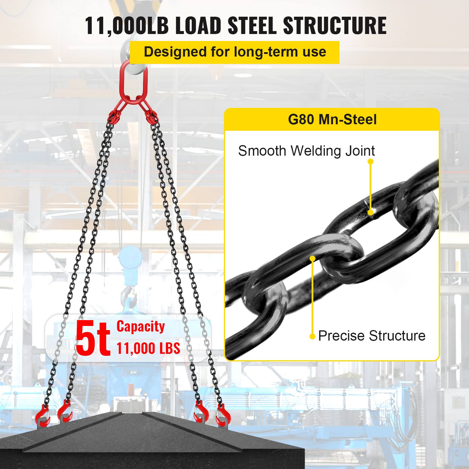 11,000LB LOAD STEEL STRUCTURE  
Designed for long-term use  

G80 Mn-Steel  
Smooth Welding Joint  
Precise Structure  

5t Capacity  
11,000 LBS