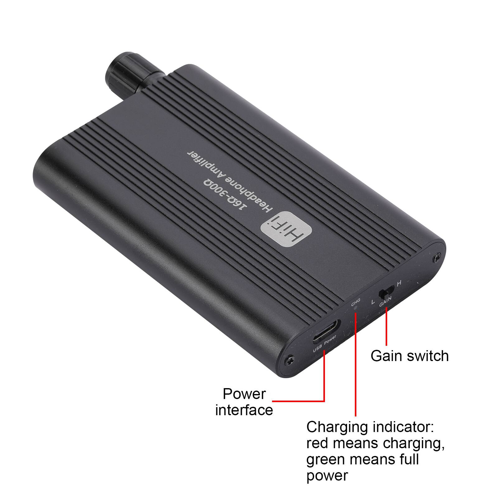 Amplifier 16-300 Headphone HiFi  
150W-3000Ω  

Power interface  
Gain switch  
Charging indicator: red means charging, green means full power