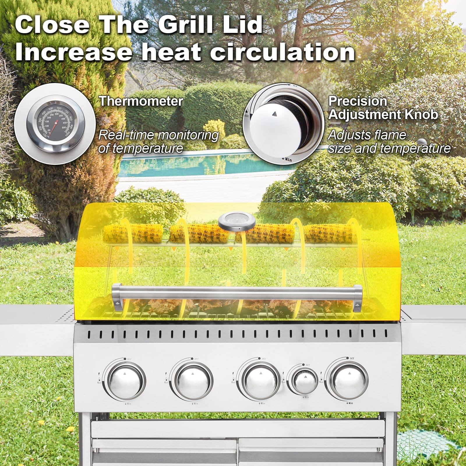 Close The Grill Lid  
Increase heat circulation  

Thermometer  
Real-time monitoring of temperature  

Precision Adjustment Knob  
Adjusts flame size and temperature
