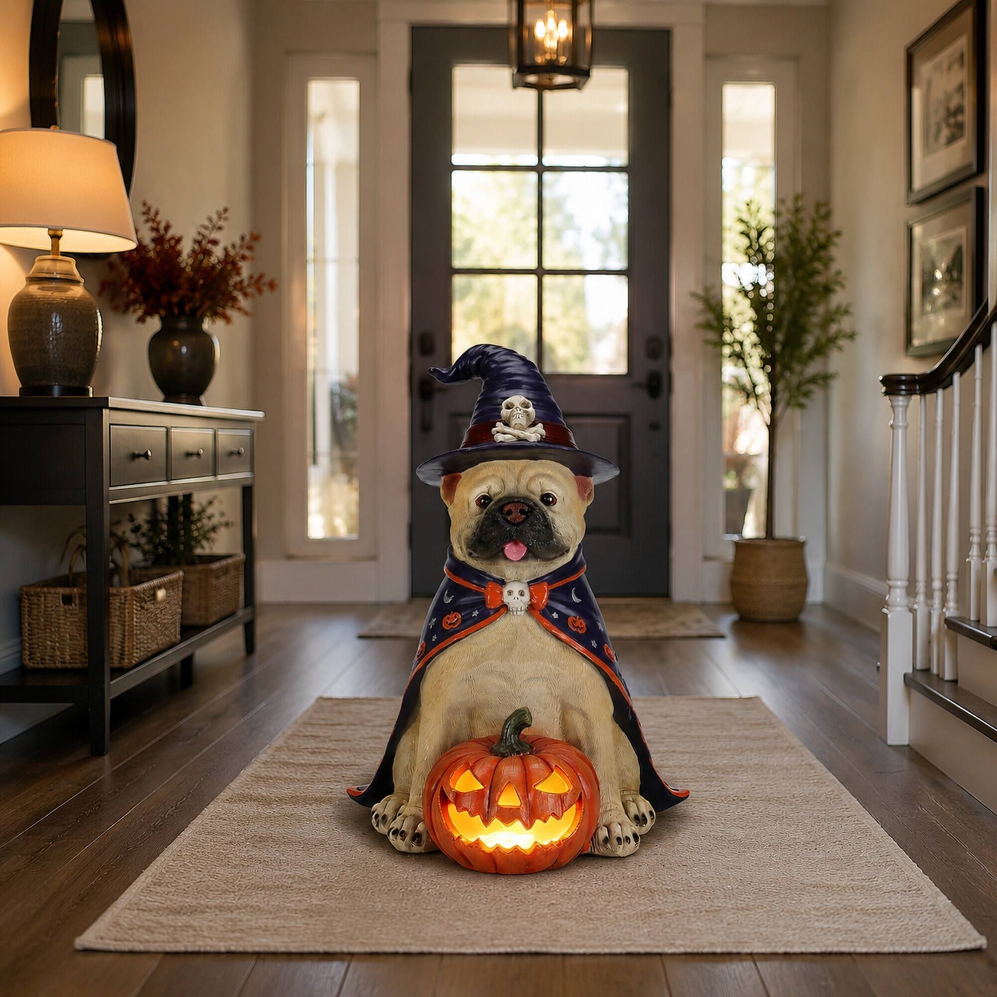 Alt View 1. RYHNUYNE - Halloween Bulldog Witch Statue with Glowing Jack-O-Lantern Pumpkin for Porch Entryway and Party Displays - Beige.