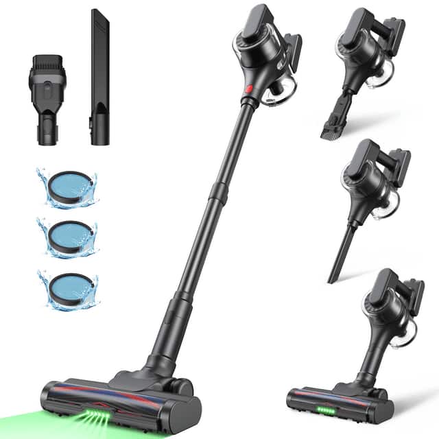 Front. MOOSOO - Cordless Vacuum with Self-Standing, Lightweight Stick Vacuum Cordless Rechargeable with Green Light For Home - Black.