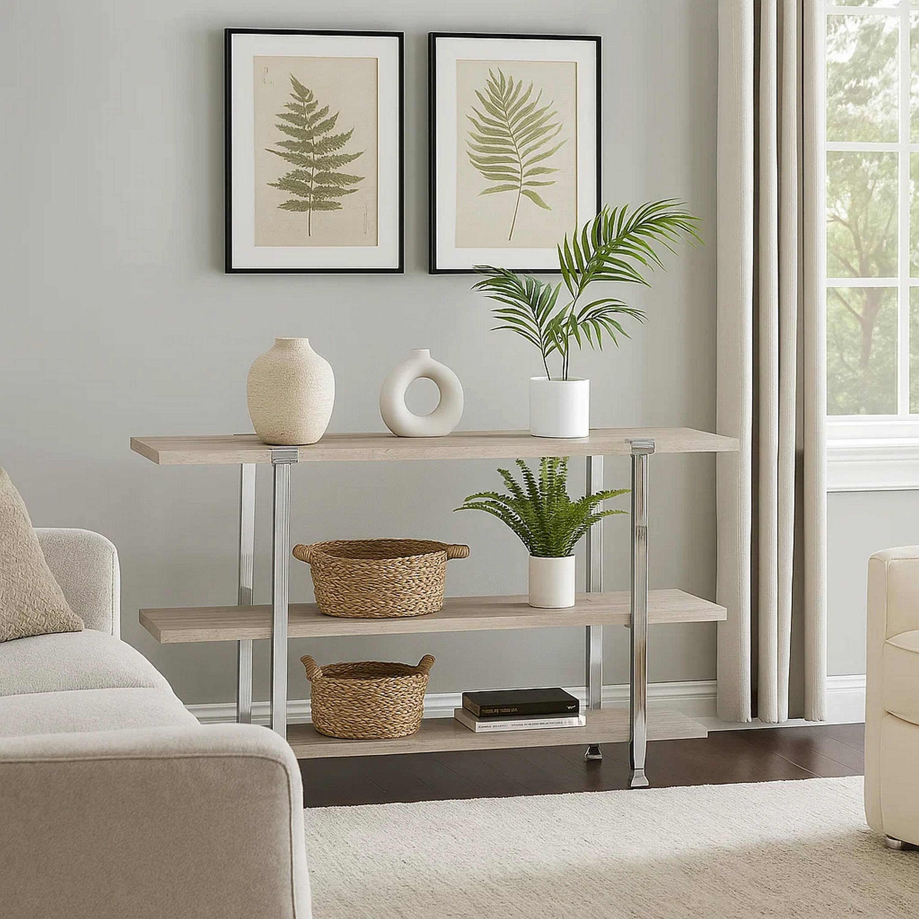 Alt View 5. Manhattan Lane - Sofa Table with X Shaped Metal Base and 2 Storage Shelves - Silver and Beige.