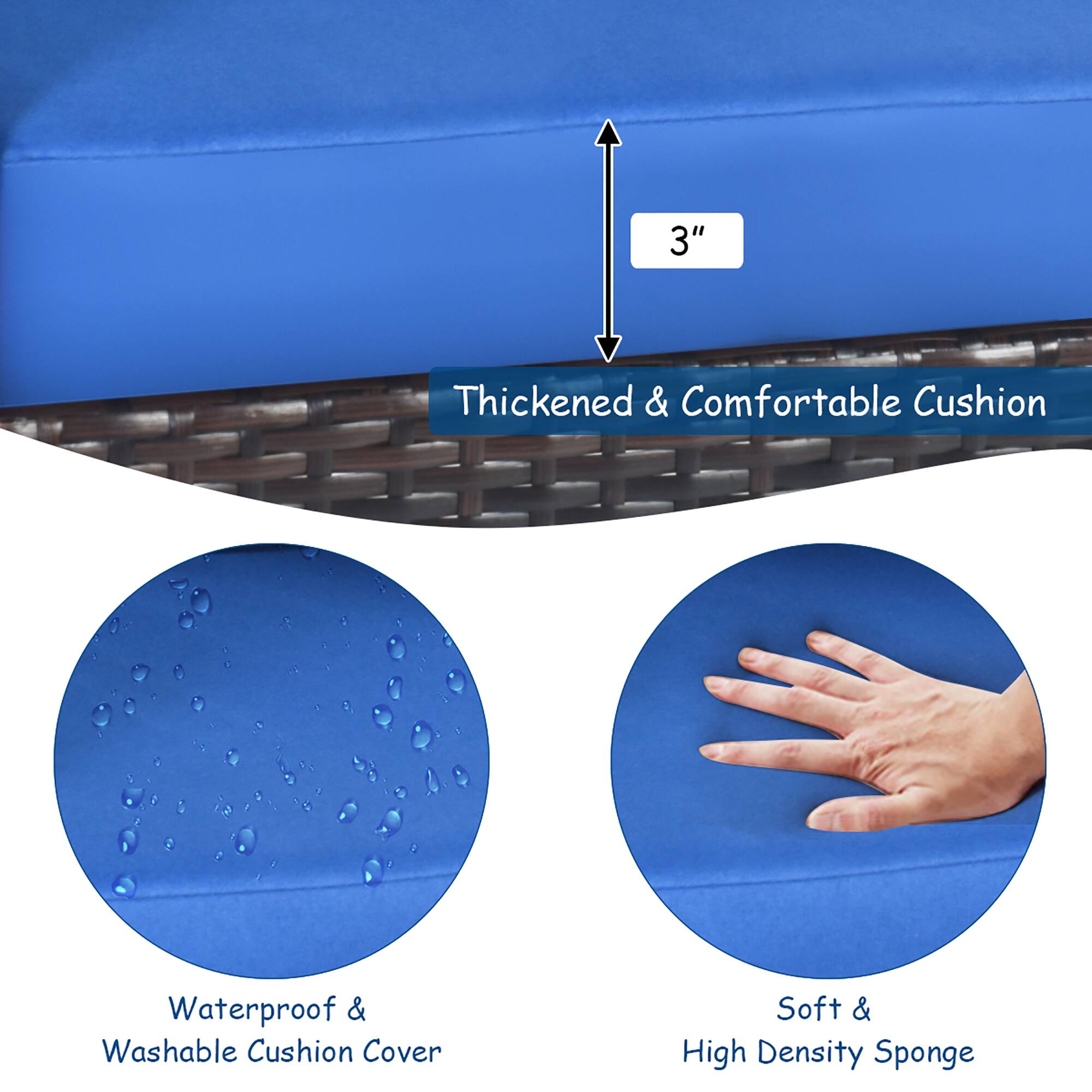 3" Thickened & Comfortable Cushion, Waterproof & Washable Cushion Cover, Soft & High Density Sponge