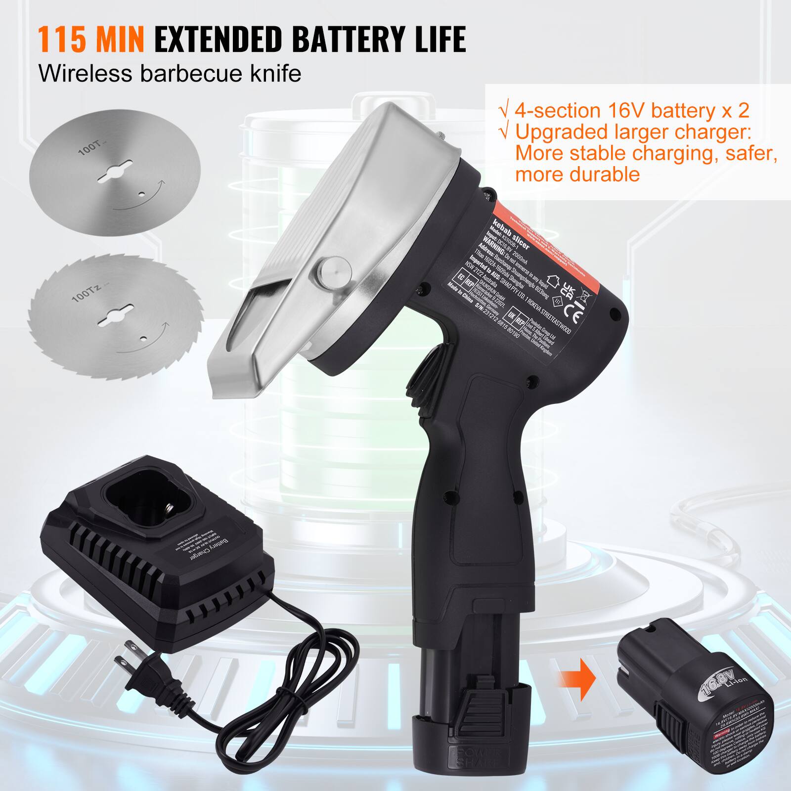 115 MIN EXTENDED BATTERY LIFE  
Wireless barbecue knife  

- 4-section 16V battery x 2  
- Upgraded larger charger: More stable charging, safer, more durable  

100T  
100Tz  

Mabal Andress WARRING slicer - TH - E Soported 1 ACTA Sonto_ Jy to NA n E 127kls Am - - XEP - Shungha m - - Oa - - LUME - J -o Pintotrre 15 MEY ROHEVA-SCHETEASTWORD C10 = o AITWOOD - Antoon S LiPS Dranges 16.8V -0%