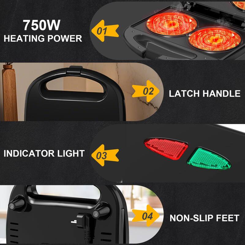 1. 750W HEATING POWER
2. LATCH HANDLE
3. INDICATOR LIGHT
4. NON-SLIP FEET