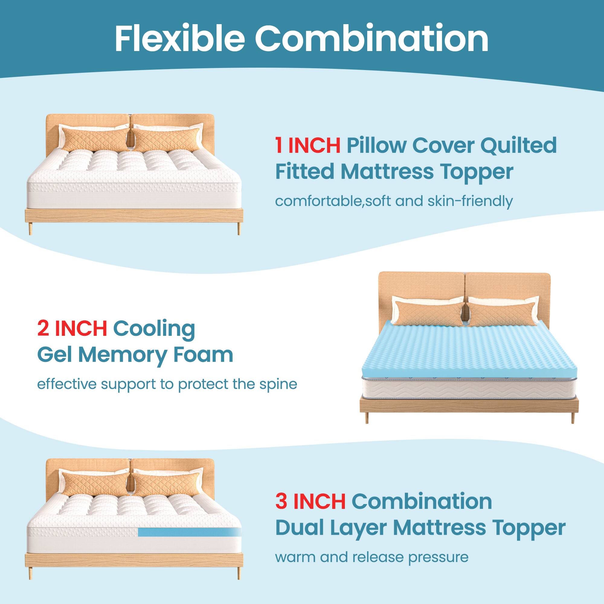 Flexible Combination

1 INCH Pillow Cover Quilted Fitted Mattress Topper
- Comfortable, soft, and skin-friendly

2 INCH Cooling Gel Memory Foam
- Effective support to protect the spine

3 INCH Combination Dual Layer Mattress Topper
- Warm and release pressure