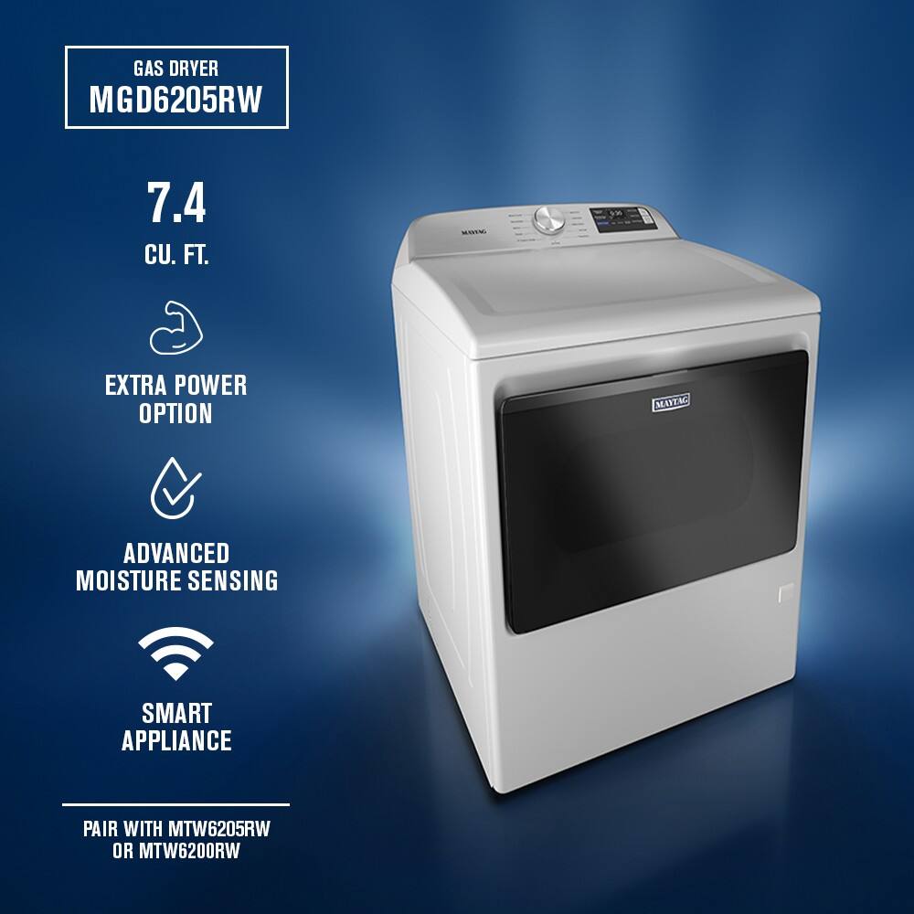 GAS DRYER  
MGD6205RW  

7.4 CU. FT.  

EXTRA POWER OPTION  

ADVANCED MOISTURE SENSING  

SMART APPLIANCE  

PAIR WITH MTW6205RW OR MTW6200RW