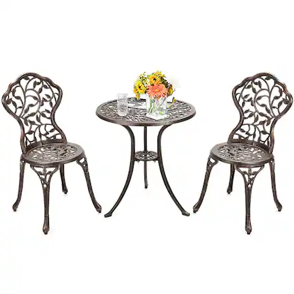 Front. Kadyn - Outdoor Cast Aluminum Dining Set for Patio or Deck, 3-Pcs Set, Leaf Bronze - Brown.