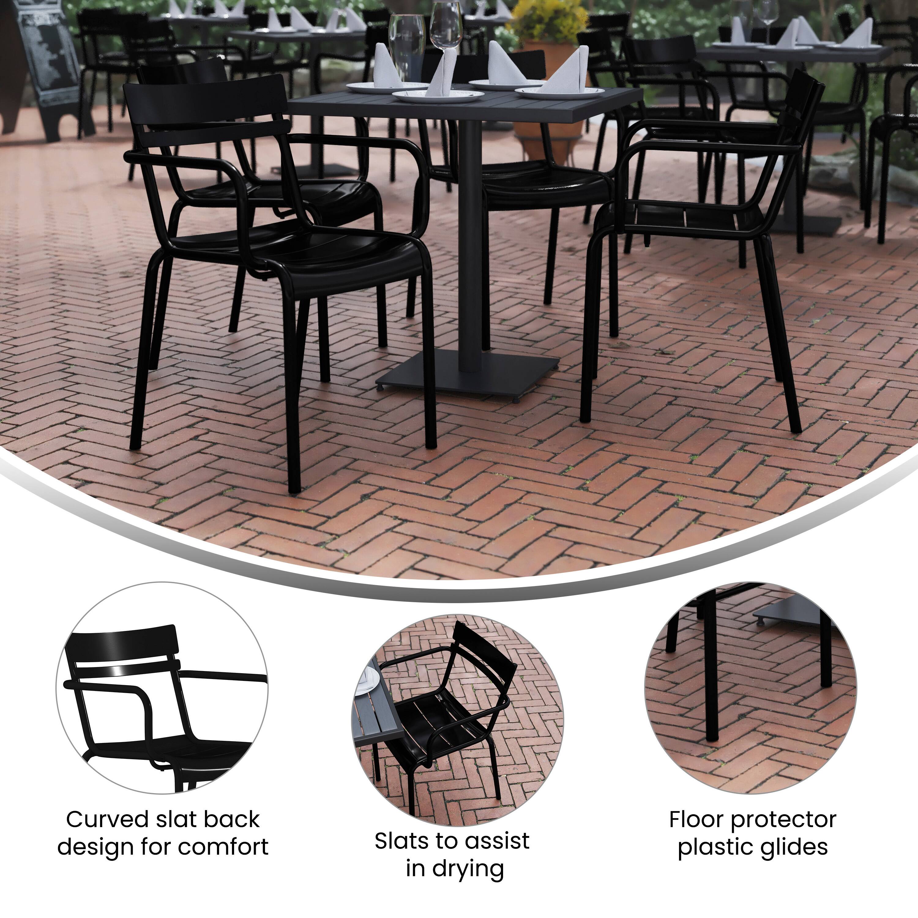 - Curved slat back design for comfort
- Slats to assist in drying
- Floor protector plastic glides