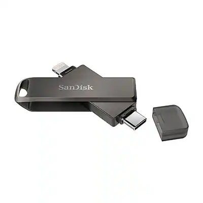 Front. SanDisk - SanDisk Dual Phone 256GB USB 3.2 Type-C/Lightning Flash Drive, Black (SDIX70N-256G-AG6NE) - Black.