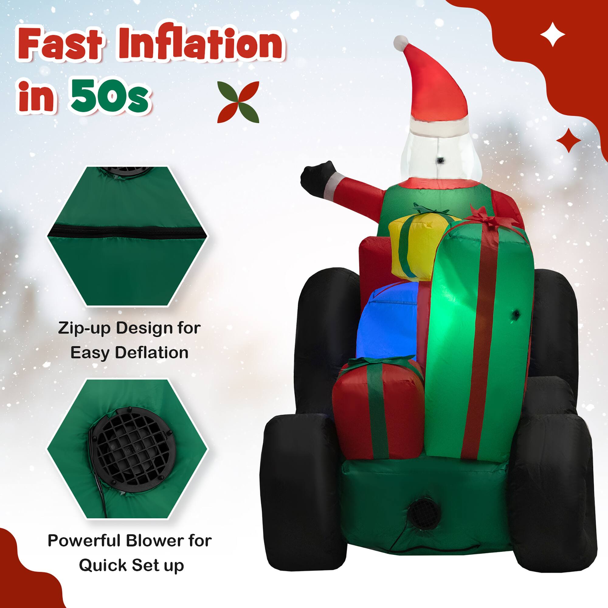 Fast Inflation in 50s

Zip-up Design for Easy Deflation

Powerful Blower for Quick Set up