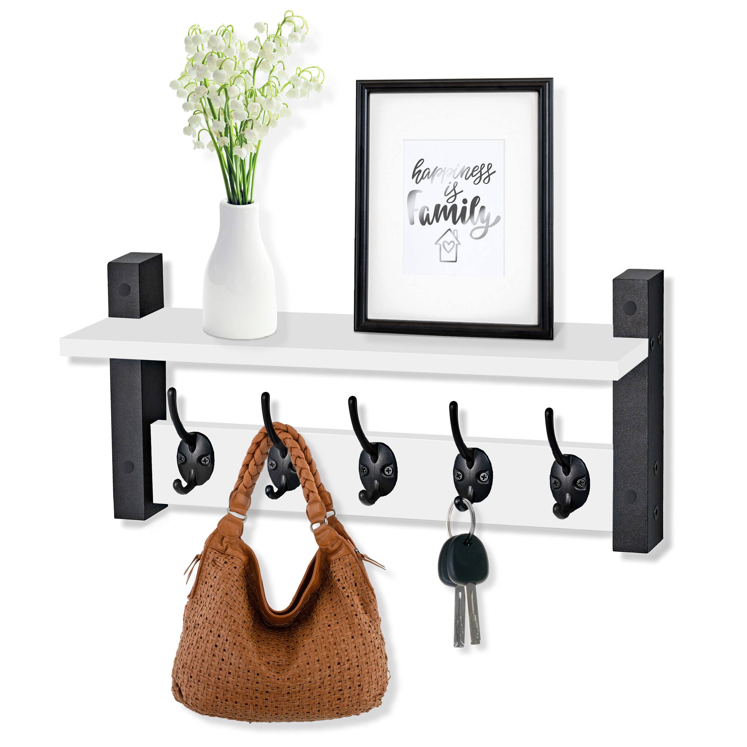 Sorbus - Coat Hooks Wall Mount with Shelf, 16 Inch Coat Rack Wall Mount with 5 Heavy Duty Hooks, Floating Wall Shelf - White