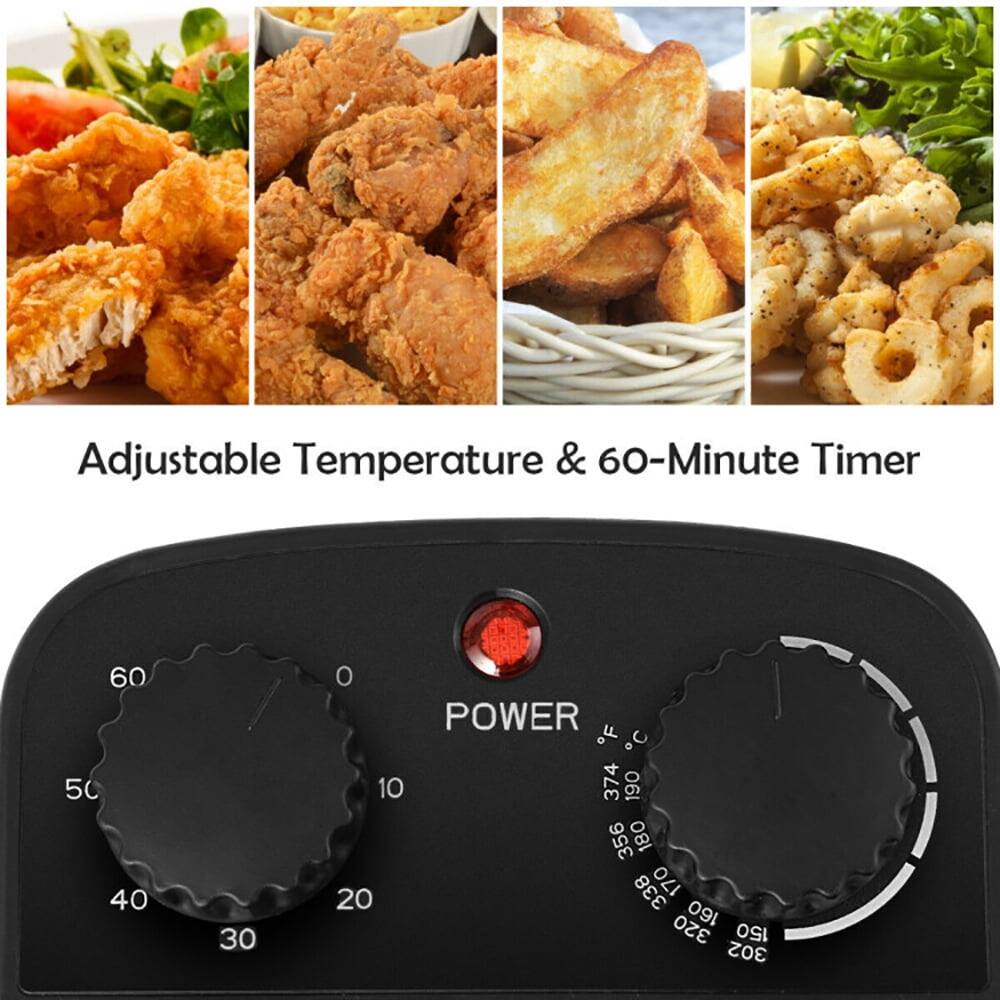 Adjustable Temperature & 60-Minute Timer

60 50 40 30  
POWER  
F C  
10 374 190  
356 180  
320 170  
302 160  
20 150