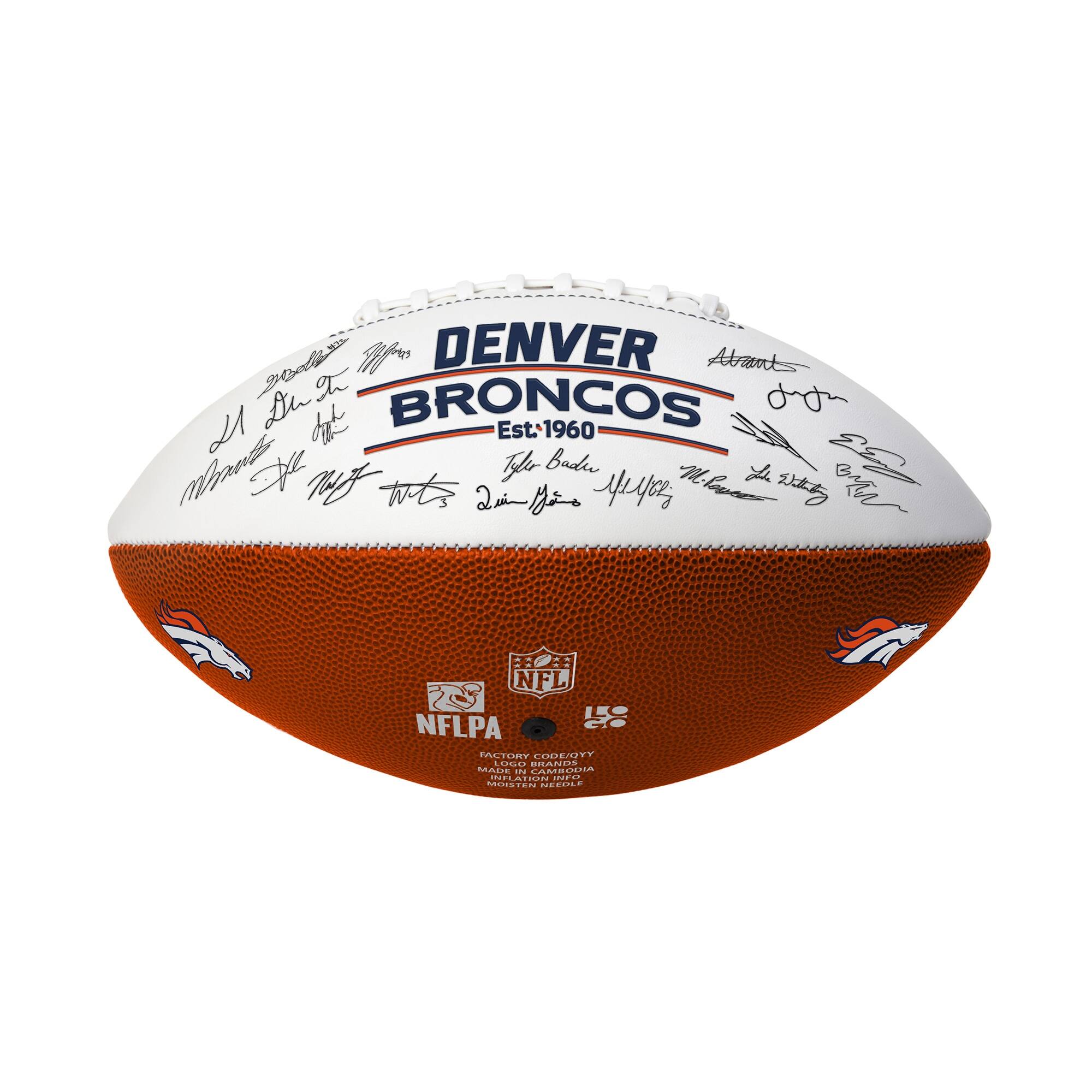 Denver Broncos  
Est. 1960  

NFL  
NFLPA  

Factory Code: 01/01/YY  
Made in Cambodia  
Mastered in the USA  

Moisture Resistant  

Signatures:  
- John Elway  
- Rod Smith  
- Shannon Sharpe  
- Terrell Davis  
- Brian Dawkins  
- Von Miller  
- Peyton Manning  
- Tom Brady  
- Tim Tebow  
- Andre Ware  
- Jacob Green  
- Karl Payton  
- Floyd Little  
- Thurman Thomas  
- Shannon Sharpe  
- Rod Smith  
- John Elway  
- Peyton Manning  
- Tim Tebow  
- Von Miller  
- Andre Ware  
- Jacob Green  
- Karl Payton  
- Floyd Little  
- Thurman Thomas