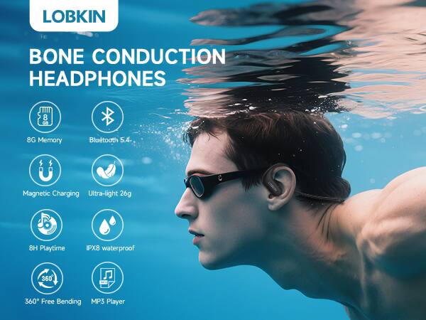 LOBKIN BONE CONDUCTION HEADPHONES

- 8G Memory
- Bluetooth 5.4
- Magnetic Charging
- Ultra-light 26g
- 8H Playtime
- IPX8 waterproof
- 360° Free Bending
- MP3 Player