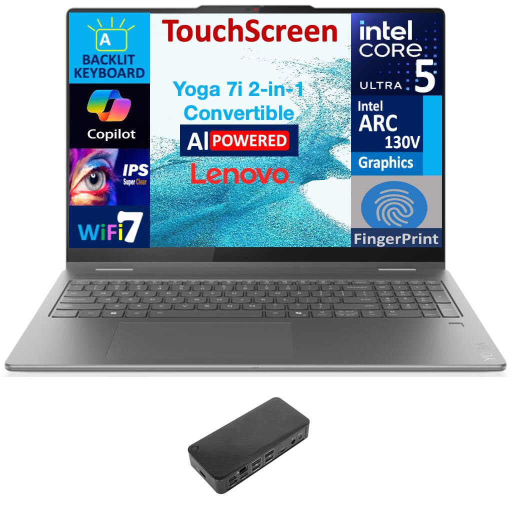 A TouchScreen intel CORE BACKLIT KEYBOARD 5 7i 2-in 1 ULTRA Yoga Intel Convertible ARC Copilot Al POWERED 130V IPS Graphics Super Clear Lenovo. WiFi 77 FingerPrint