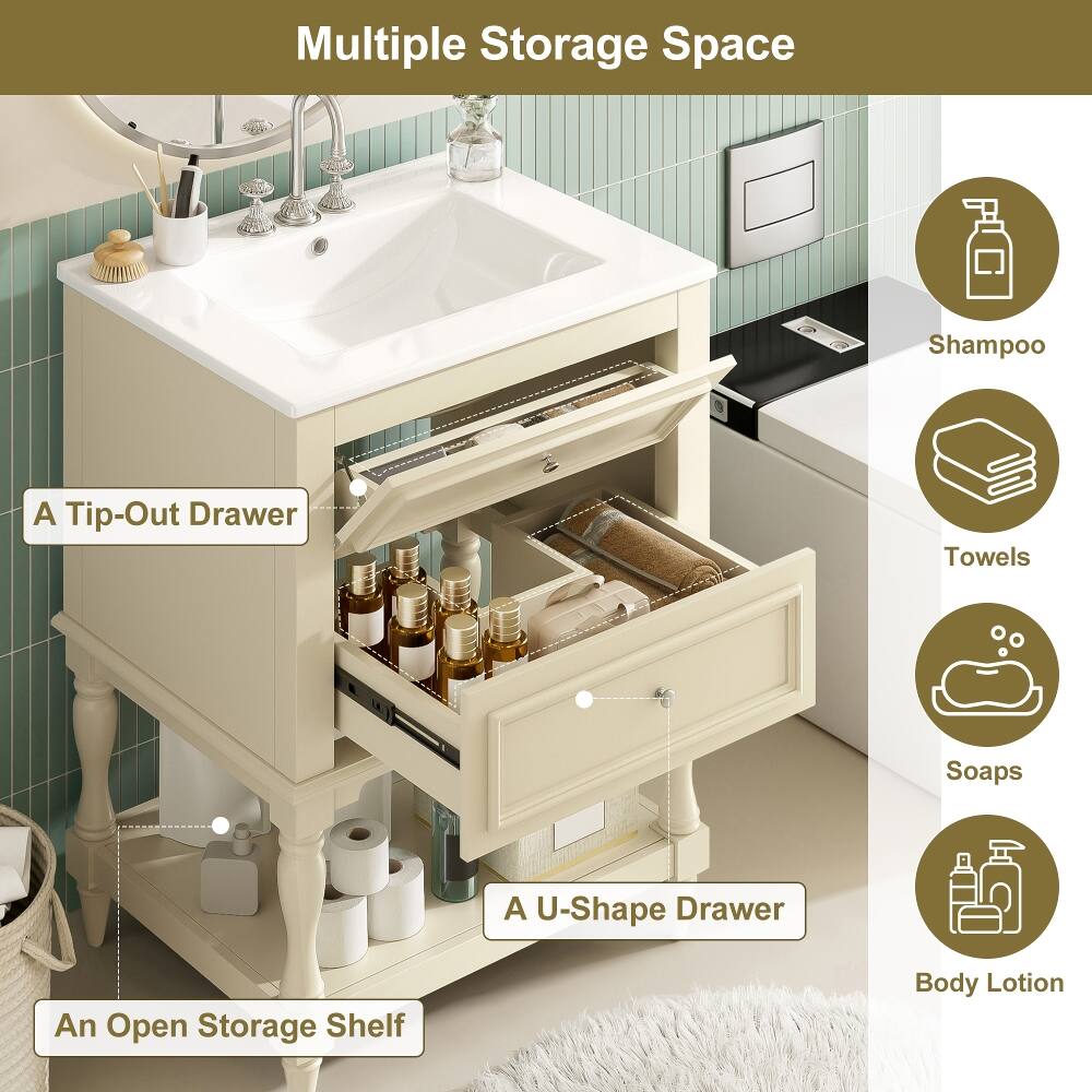 Multiple Storage Space

- A Tip-Out Drawer
- A U-Shape Drawer
- An Open Storage Shelf

Items stored:
- Shampoo
- Towels
- Soaps
- Body Lotion