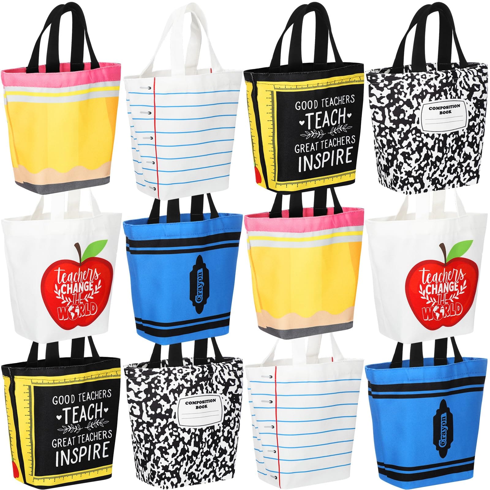 DORLUKFU - 12 Pcs Teacher Appreciation Gifts Small Canvas Teacher Tote Bag Bulk for Women Crayon Composition Notebook Apple Mini - Pencil