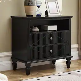 Loheer - Farmhouse Nightstand with Charging Station, Two-Drawer Storage Cabinet - Black