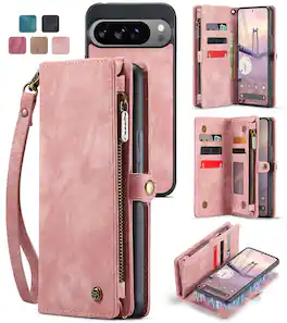 Dteck - Magnetic Detachable Wallet Case for Google Pixel 11 Pro XL, Multi-Functional Large Zipper Card Slots Cover With Strap - Pink