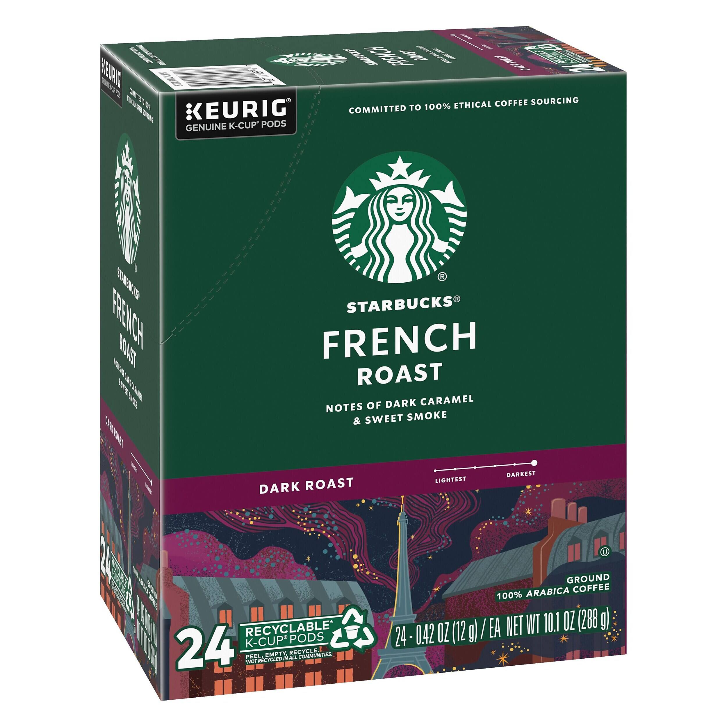 E0RS FREC - EERIG J ETHICAL COFFEE SOURCING KEURIG COMMITTED TO 100% GENUINE K-CUP PODS

STARBUCKS FRENCH ROAST FRENCH ROAST

CARAMEL NOTES OF DARK & SWEET SMOKE

DARK ROAST

1U0 RECYCLABLE PODS IN 24 K-CUP

PEEL, EMPTY, RECYCLE

24 - 0.42 OZ (12 g) / EA NET WT 10.1 OZ (288 g)