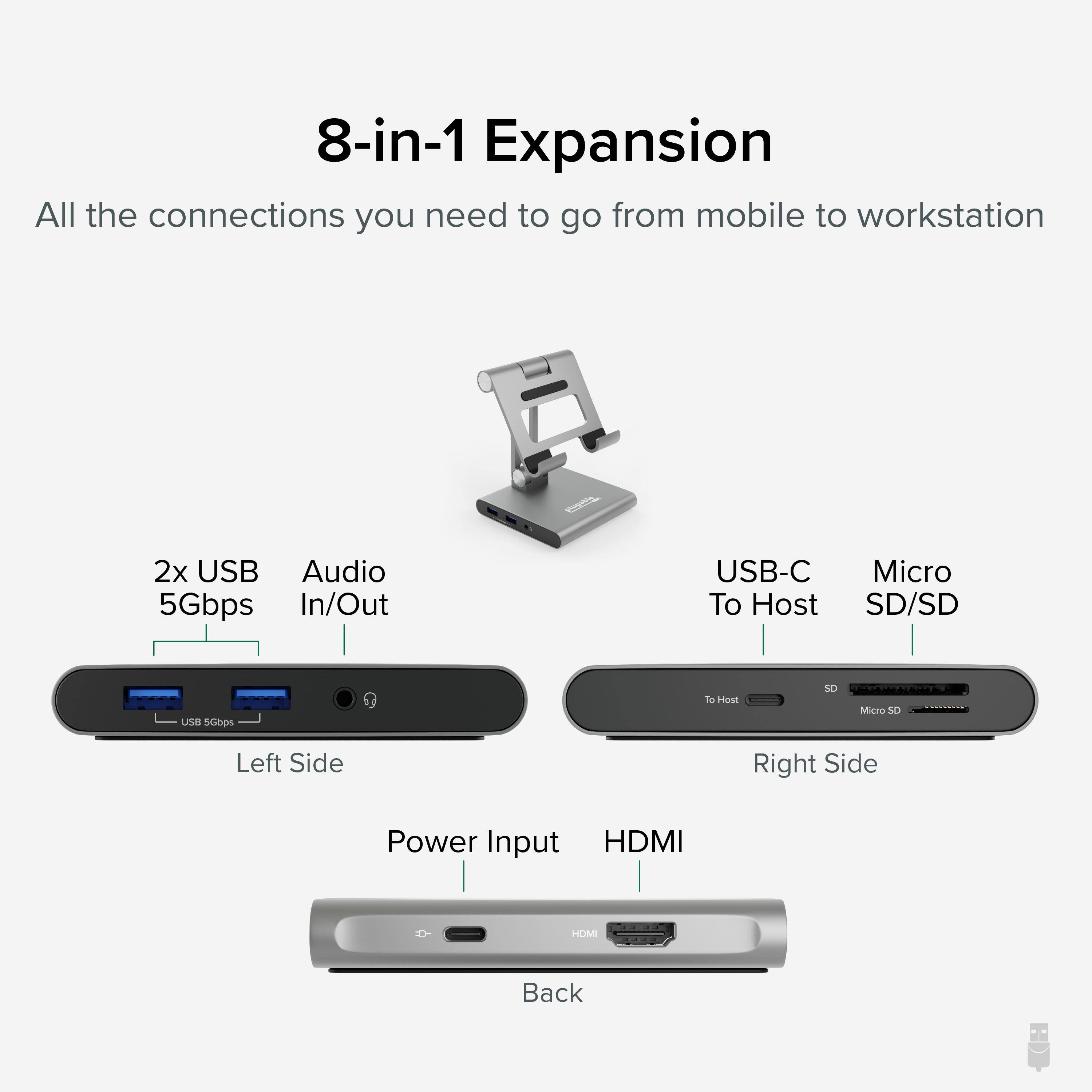 8-in-1 Expansion All the connections you need to go from mobile to workstation 2x USB 5Gbps Audio In/Out USB-C To Host Micro SD/SD Left Side Right Side Power Input HDMI Back