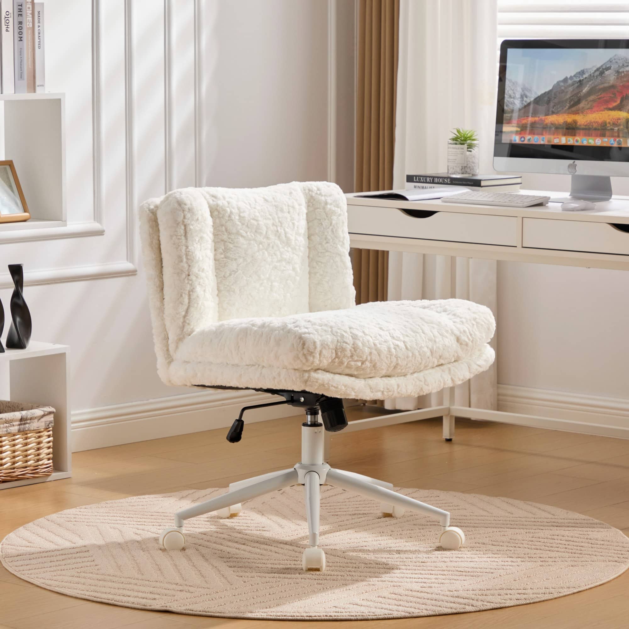 Z-Edge - Criss Cross Desk Chair with Wheels, Wide Armless Office Chairs with Adjustable Height, Cross Legged Chairs for Bedroom - White