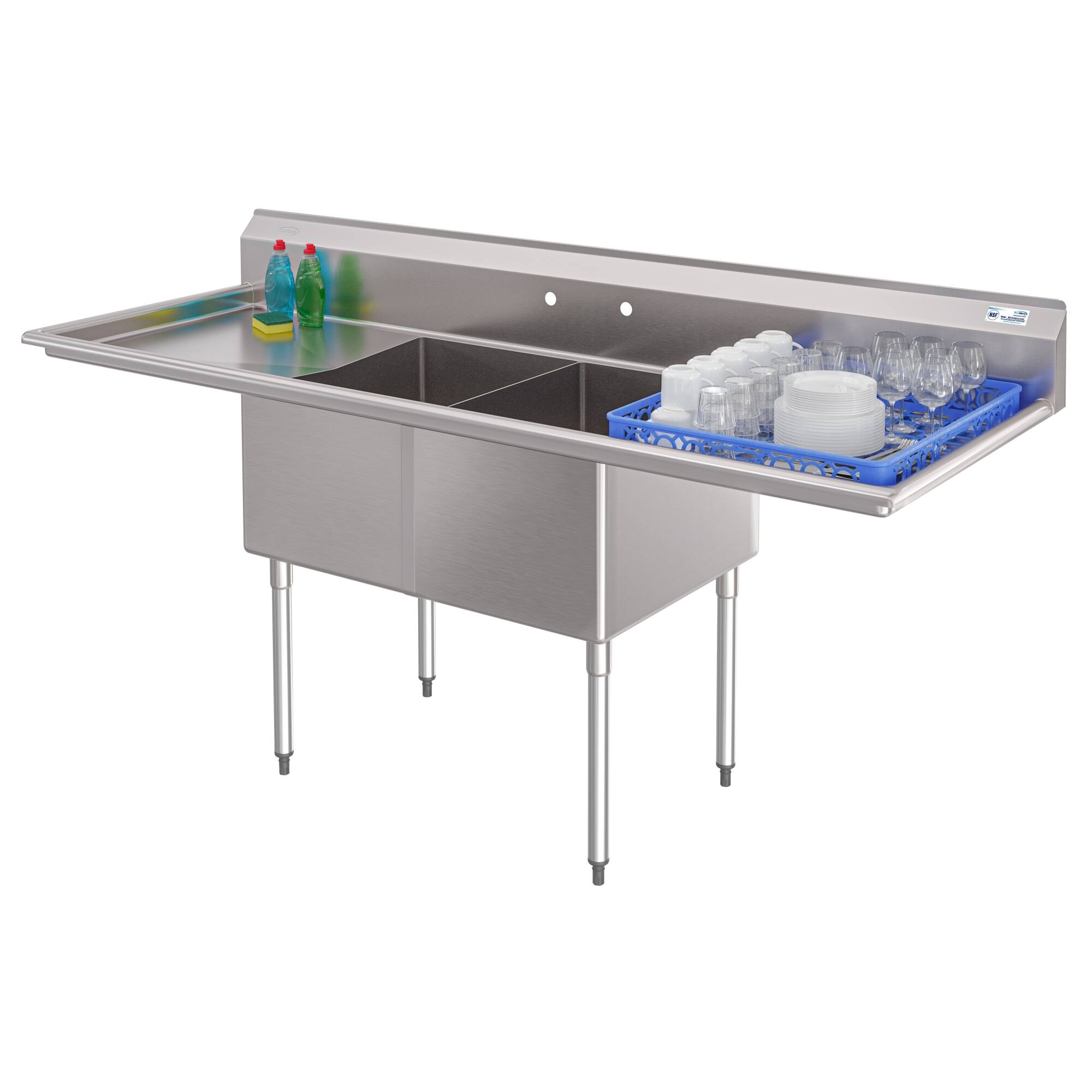 Angle. Koolmore - 84 in. 18-Gauge 2-Compartment  Sink with Backsplash and 24 in. Dual Drainboards, Bowl dimensions 18"x24"x14" - Stainless Steel.