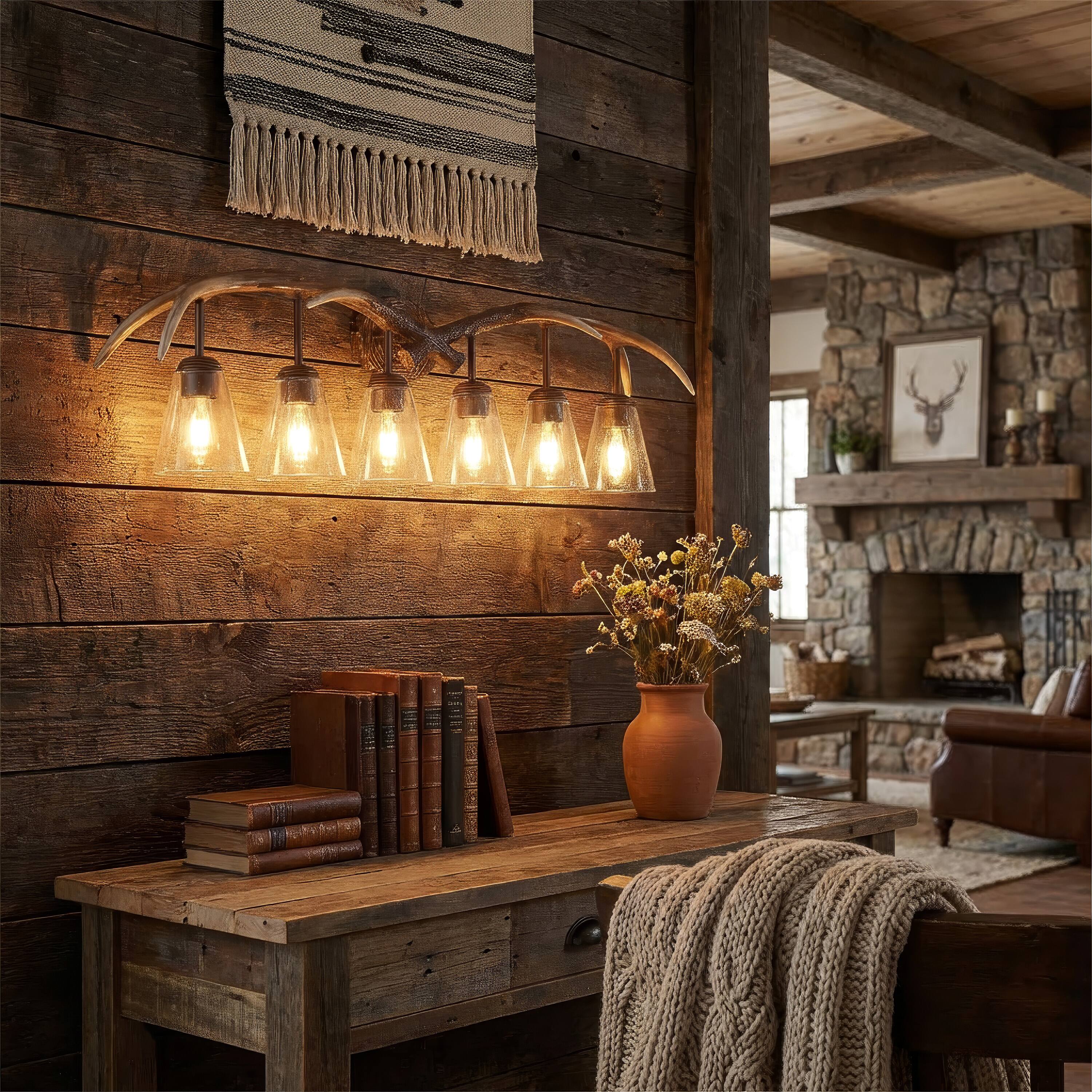 Alt View 7. Jonathan Y - Wyatt 45" 6-Light Southwestern Bohemian Resin/Seeded Glass Faux Antler LED Vanity Light, Brown Wood Finish - Brown Wood Finish.
