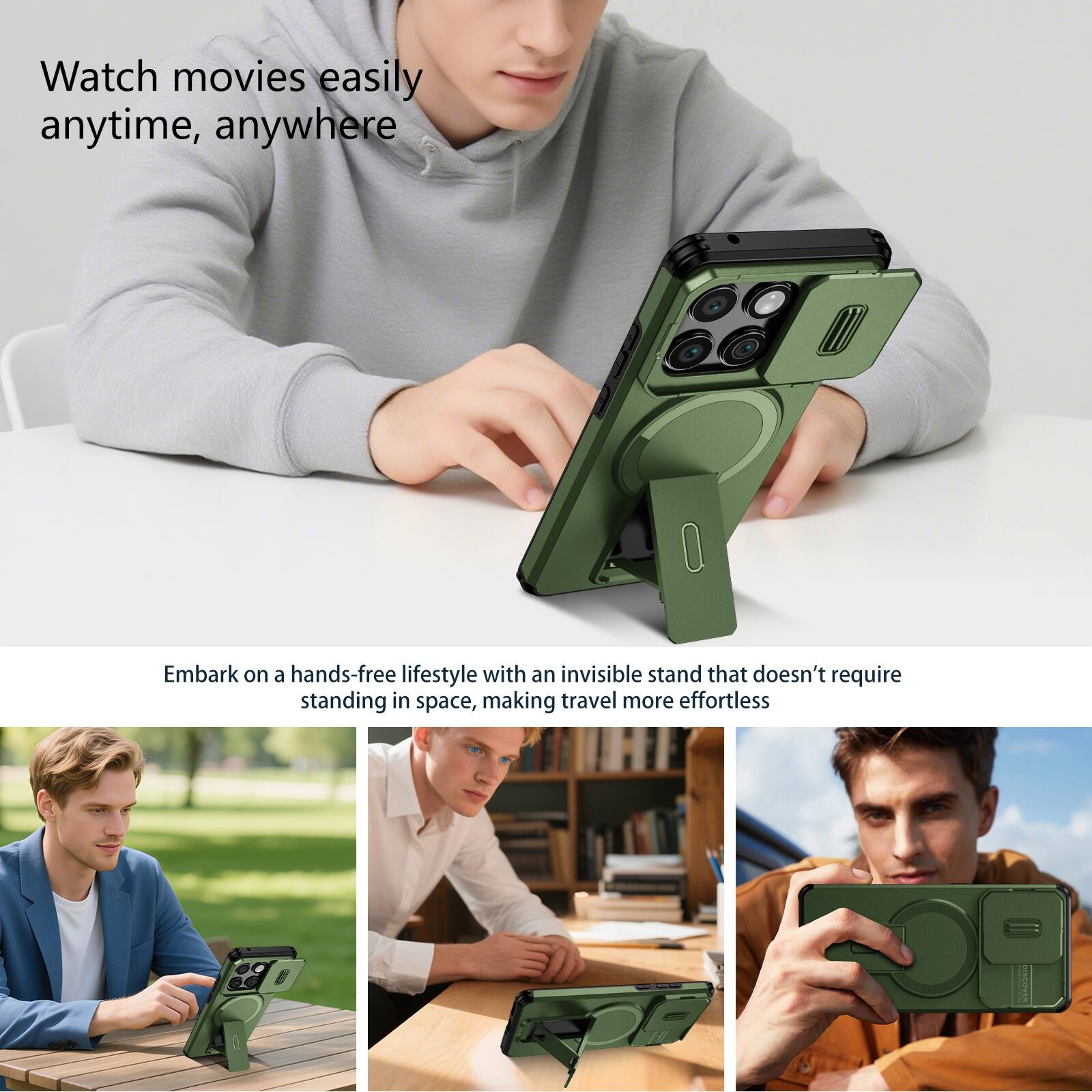 Watch movies easily anytime, anywhere

Embark on a hands-free lifestyle with an invisible stand that doesn't require standing in space, making travel more effortless