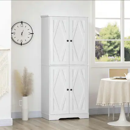 Front. Kadyn - Farmhouse Tall Freestanding Pantry Cabinet with Doors and Shelves for Kitchen Storage - White.