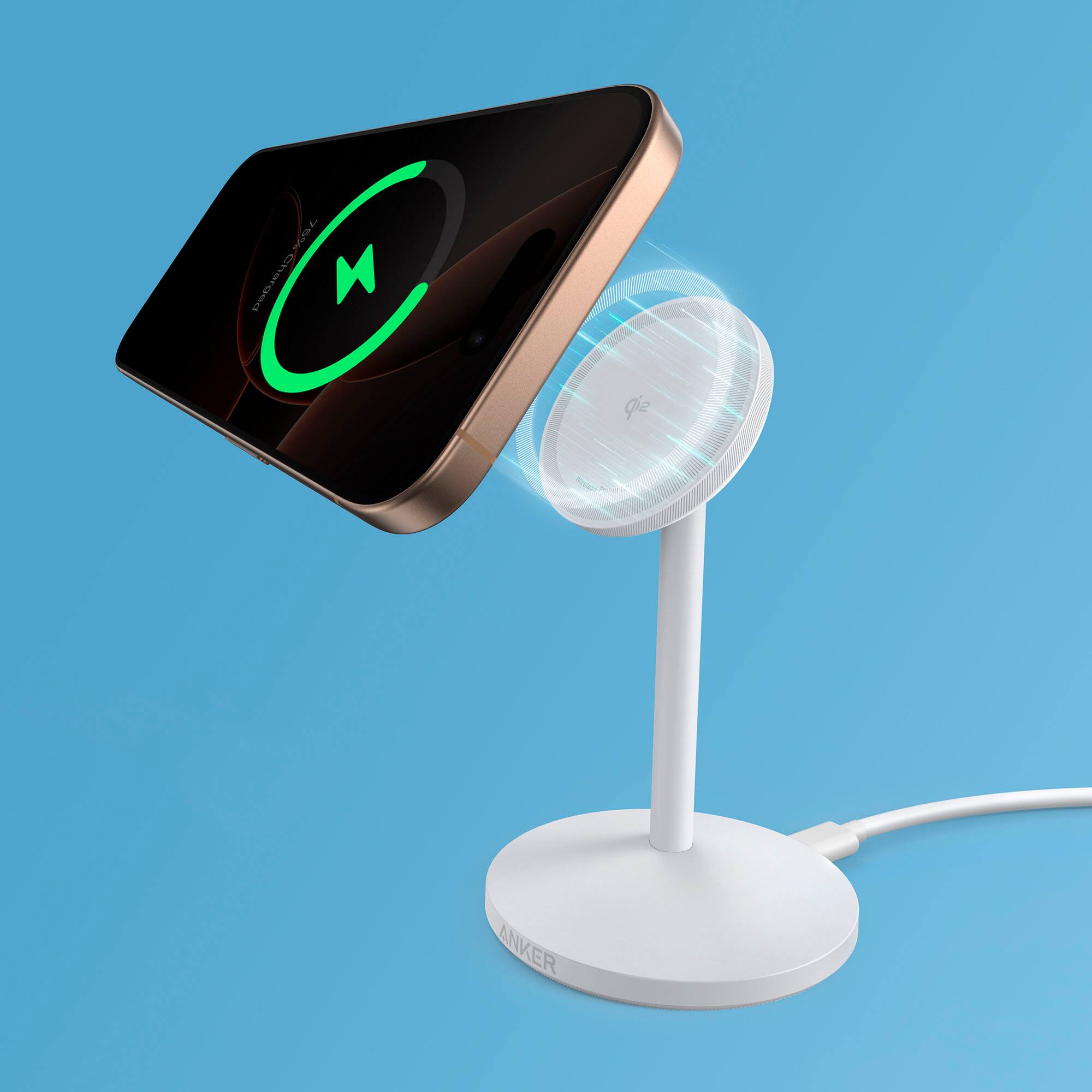 The text on the image reads "M yowCharged BOC Cha M ge ANKER." This text is not grouped correctly, so it should be rearranged to read "Charged BOC Anker."