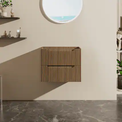 Front. Kadyn - 24" Wall-Mount Floating Bathroom Vanity Cabinet (Cabinet Only), Walnut - Brown.