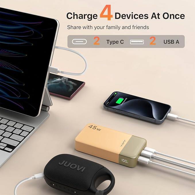 Charge 4 Devices At Once  
Share with your family and friends  
2 Type C  
2 USB A  
45w  
JUOVI  
100