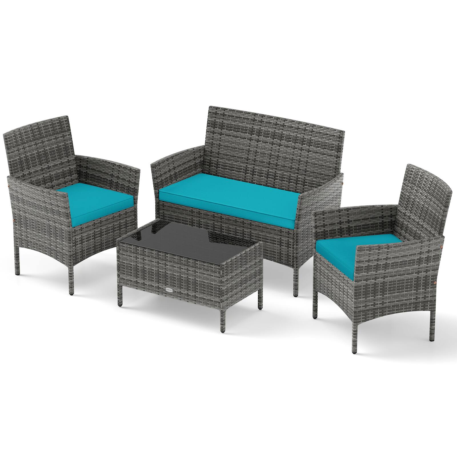 Alt View 6. Gymax - Gymax Set Of 4 Patio Furniture Set w/Washable Cushions & Tempered Glass Coffee Table Turquoise - Mix Gray, Turquoise.