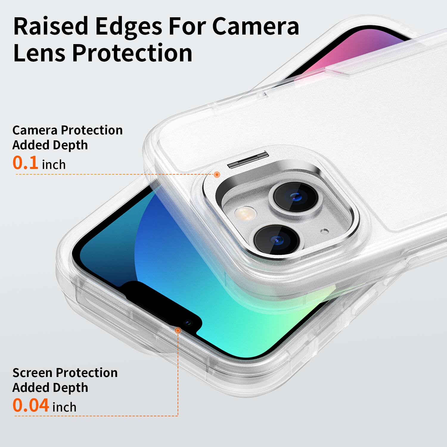 Raised Edges For Camera Lens Protection

Camera Protection Added Depth 0.1 inch

Screen Protection Added Depth 0.04 inch