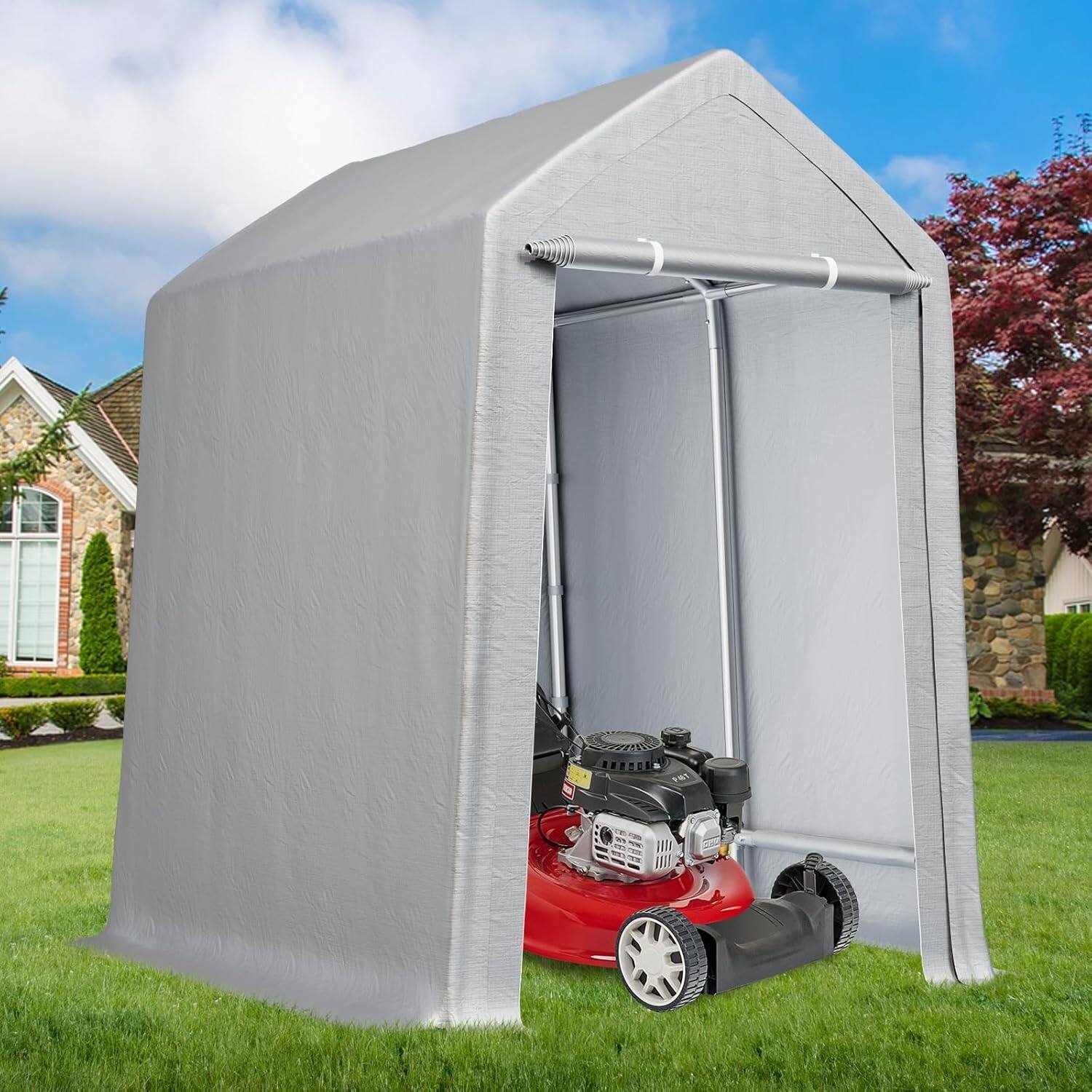 Front. Acekool - 10'x10'  Heavy Duty Outdoor Storage Shed & Carport Canopy with Roll-Up Door, Waterproof, Removable Sidewalls - Grey.
