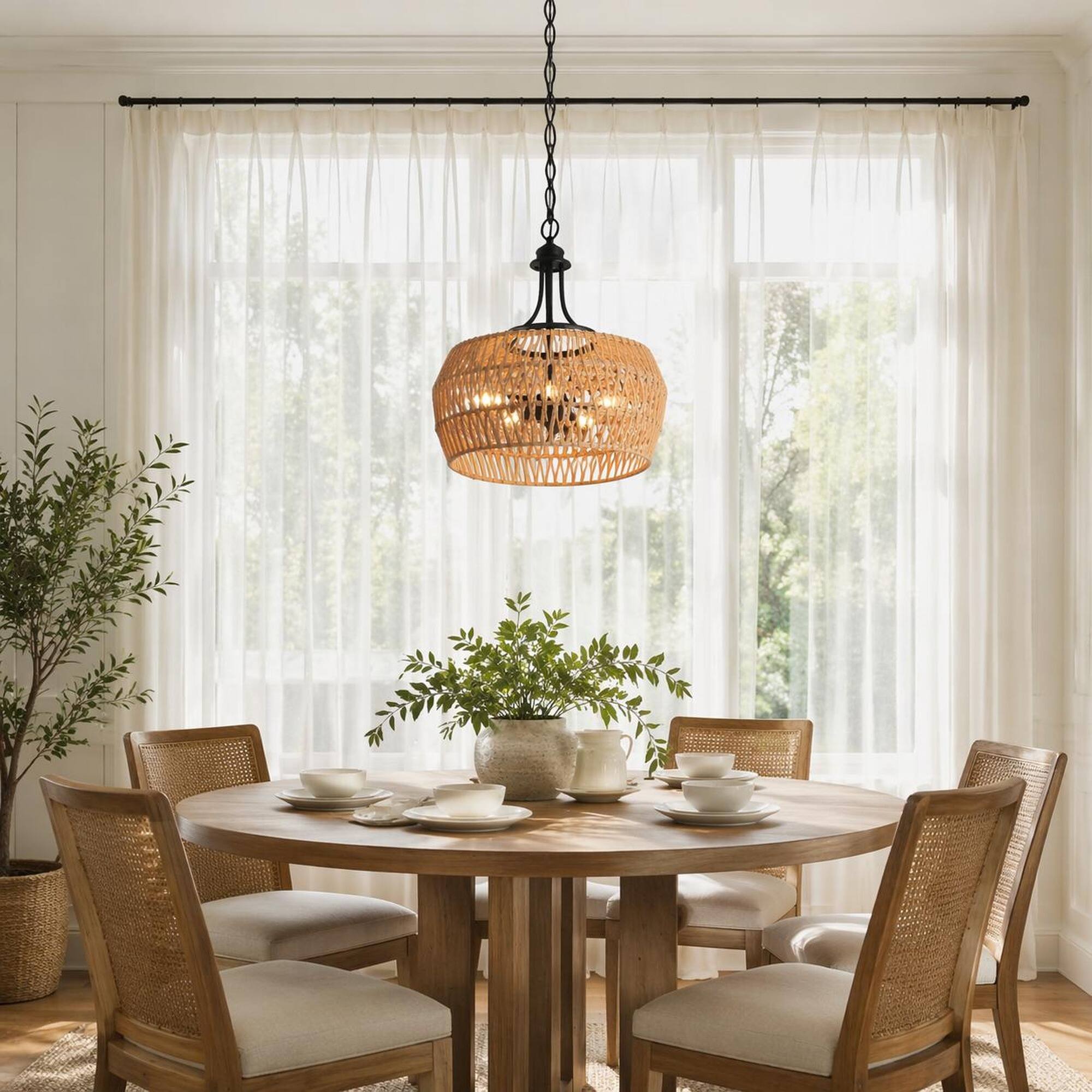 Left. RYHNUYNE - 19 Inch Handcrafted Jute Pendant Light with Adjustable Cord, Natural Hemp Rope Shade, Black Metal Accents, Warm Ambient.