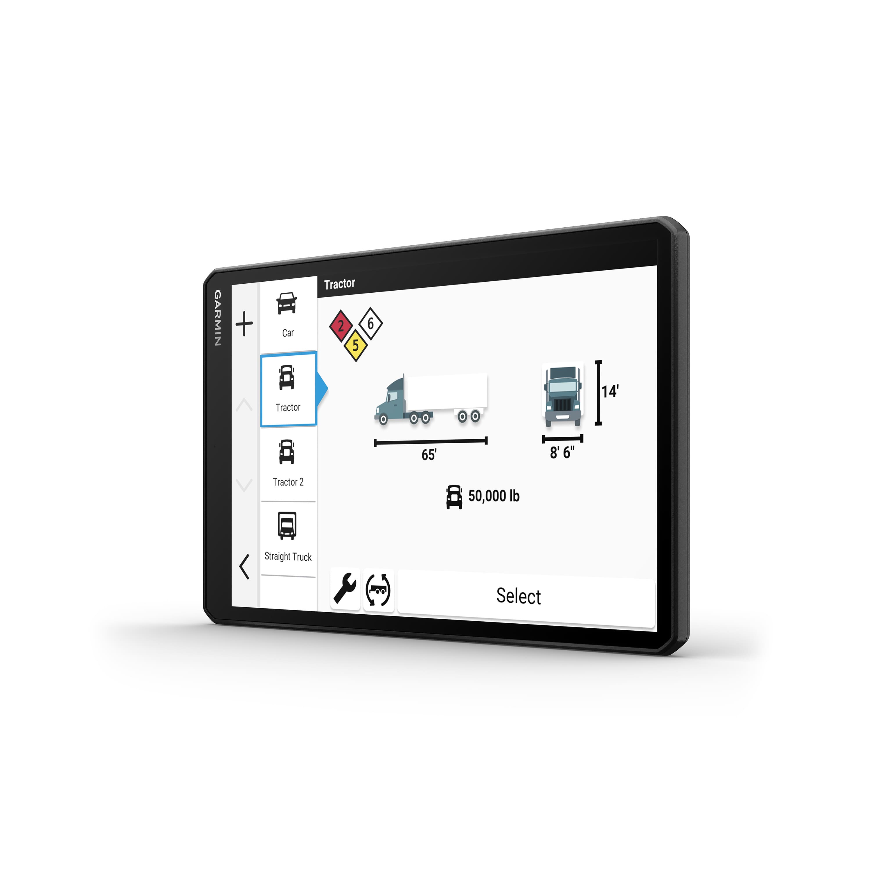 The text on the image is grouped as follows:
1. Garmin + Car Tractor 2 6 5 Tractor 0 0 0 14' 65 86 8 6 Tractor 2 50,000 lb Straight Truck Select